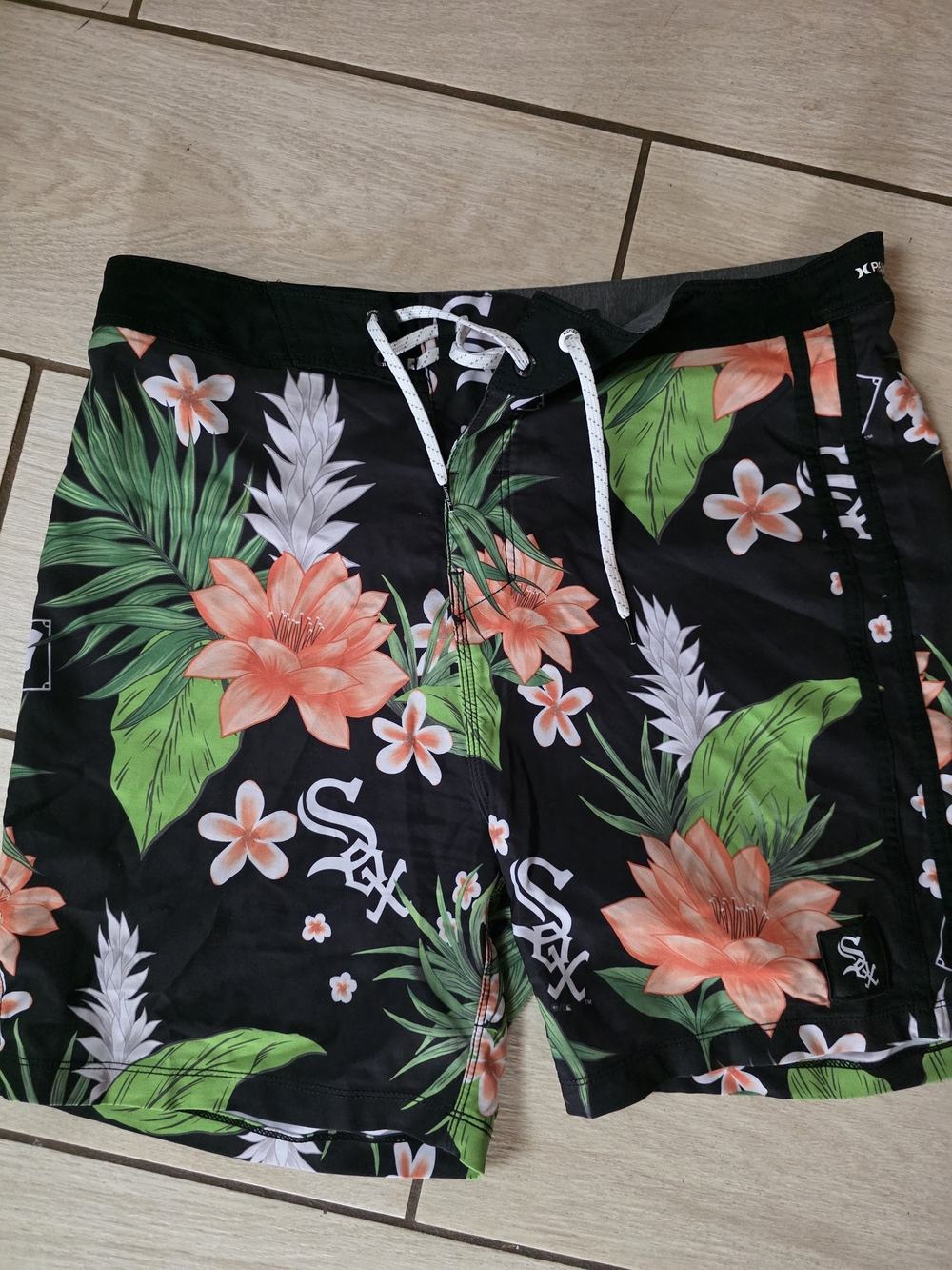 Men's Black Floral Swim Shorts with Coral Blooms